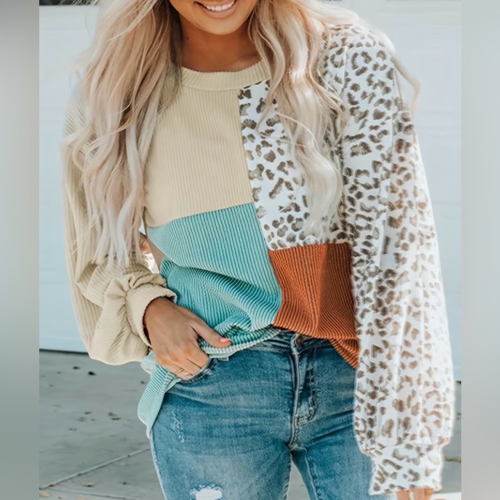 Colorblock Leopard Patchwork Sweater - image 1